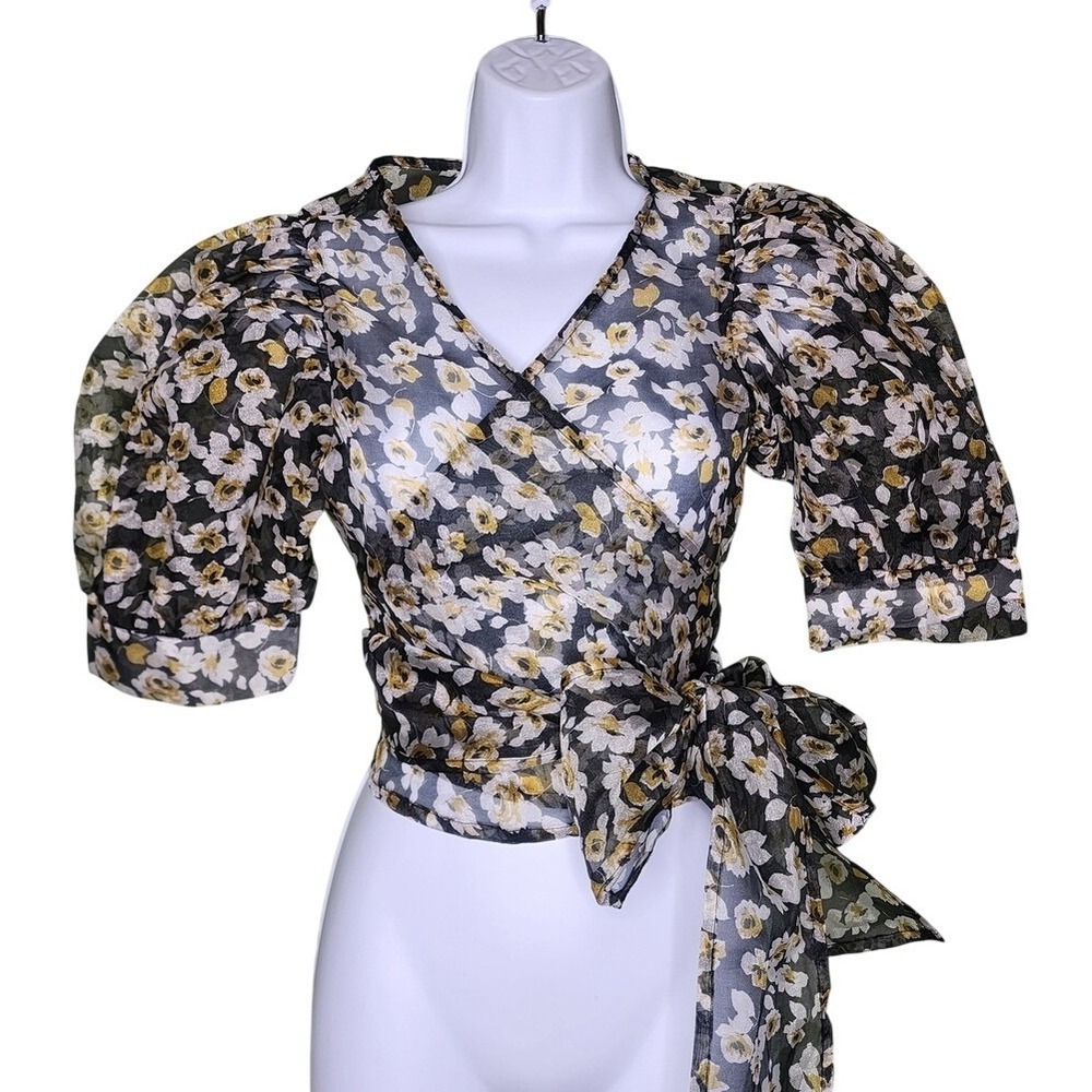 ASOS Sheer Puff Sleeve Blouse Floral Belted Wrap Cottage Boho‎ Multicolor 4